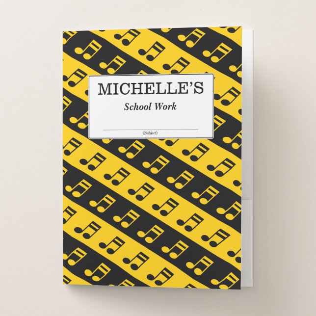 Black & Yellow Beamed Sixteenth Notes Pattern Pocket Folder (Front)