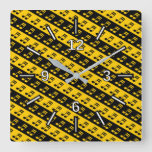 [ Thumbnail: Black & Yellow Beamed Sixteenth Notes Pattern Square Wall Clock ]