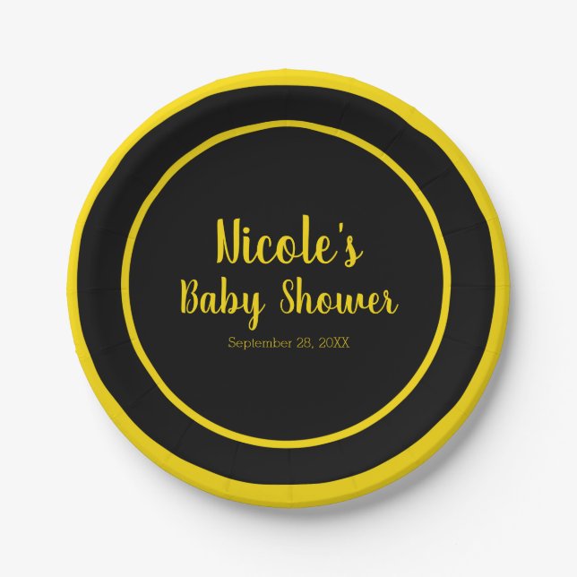 Black & Yellow Bee Theme Baby Shower Paper Plates (Front)