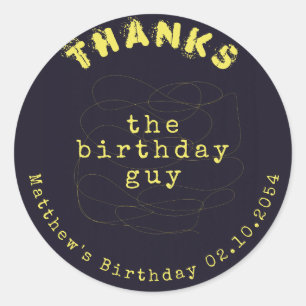 Black Yellow Birthday Distressed Type Thank You C Classic Round Sticker