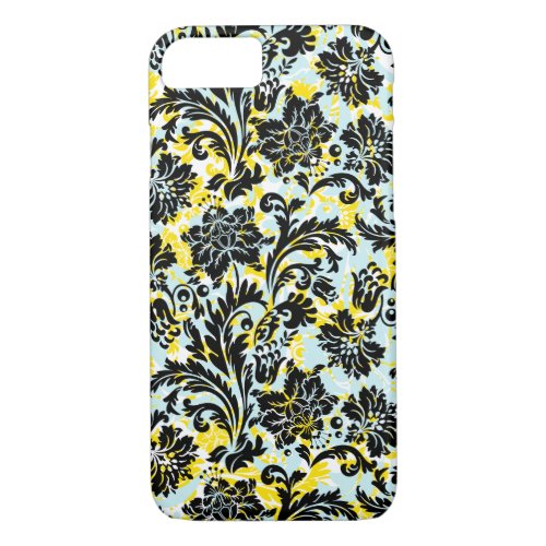 Black Yellow  Blue Floral Damasks Pattern iPhone 87 Case
