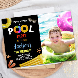 Black Yellow Blue Photo Pool Birthday Invitations