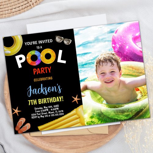 Black Yellow Blue Photo Pool Birthday Invitations