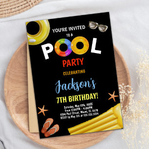 Black Yellow Blue Pool Birthday Invitations