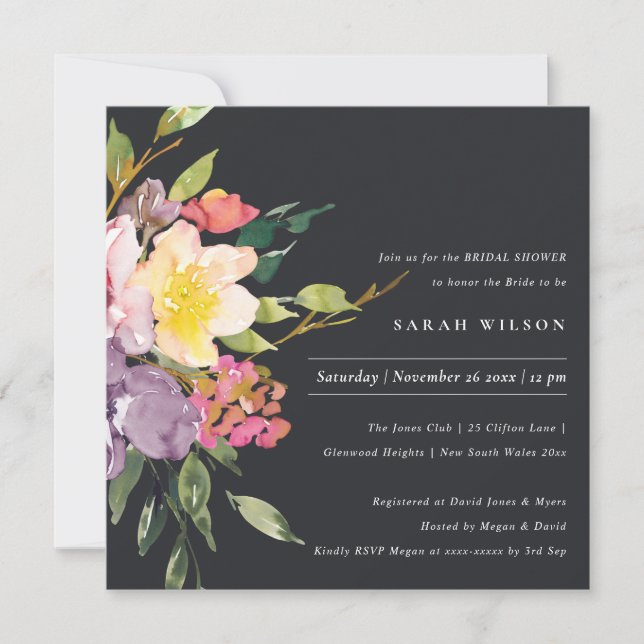 BLACK YELLOW BLUSH BURGUNDY FLORAL BRIDAL SHOWER INVITATION (Front)