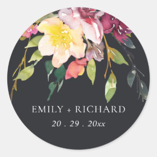 BLACK YELLOW BLUSH BURGUNDY FLORAL BUNCH WEDDING CLASSIC ROUND STICKER