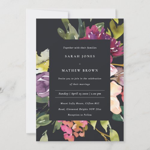 BLACK YELLOW BLUSH BURGUNDY FLORAL BUNCH WEDDING INVITATION