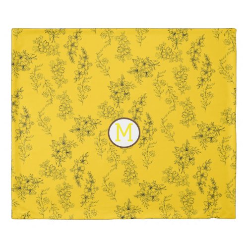 BLACK YELLOW BOTANICAL FLOWER WITH INITIAL KING DUVET COVER