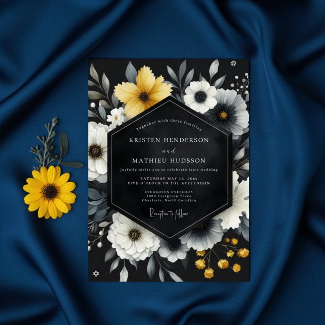 Black Yellow Botanical Romance Wedding Invitation (Creator Uploaded)