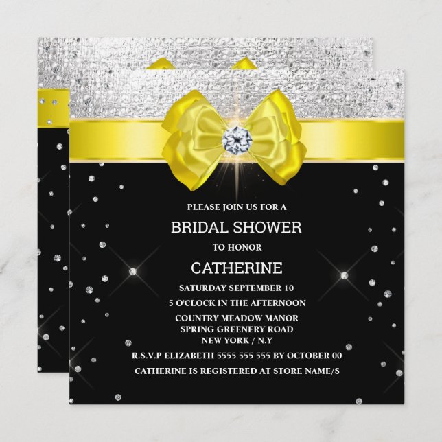 Black yellow bow elegant silver sparkle Invitation (Front/Back)
