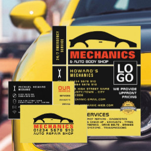 Black & Yellow Car Logo, Auto Mechanic Business Card