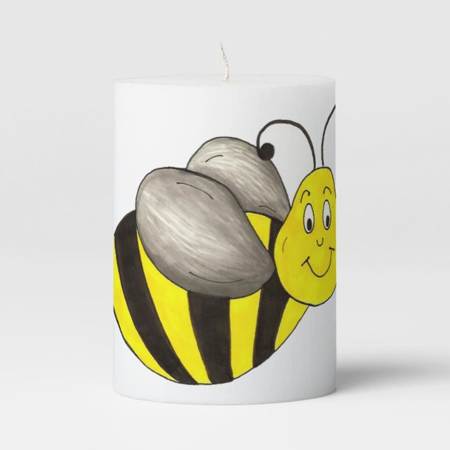 Black Yellow Cartoon Bee Bumblebee Honeybee Pillar Candle (Front)