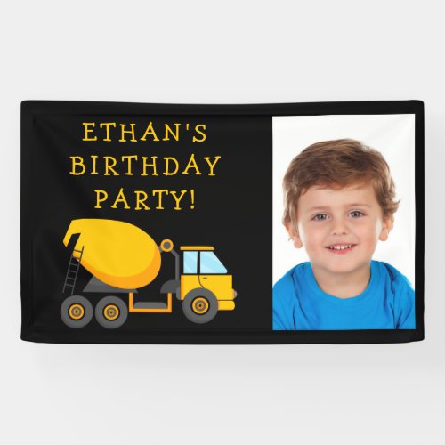 Black Yellow Cement Truck Childs Birthday Photo Banner