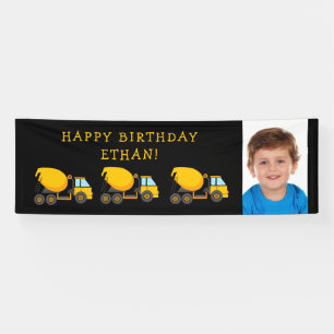 Black Yellow Cement Trucks Child Birthday Photo Banner