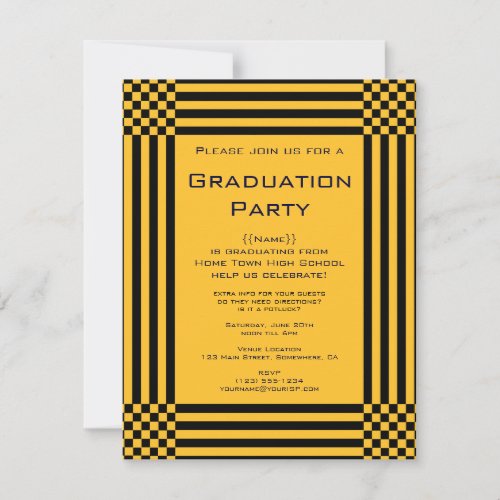 Black Yellow Checkers Stripes Graduation Party Invitations