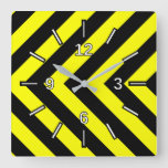 [ Thumbnail: Black & Yellow Chevron-Like Pattern Square Clock ]
