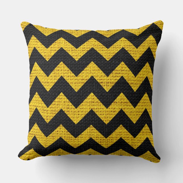 Black & Yellow Chevron Pattern Burlap Rustic Jute Throw Pillow (Front)