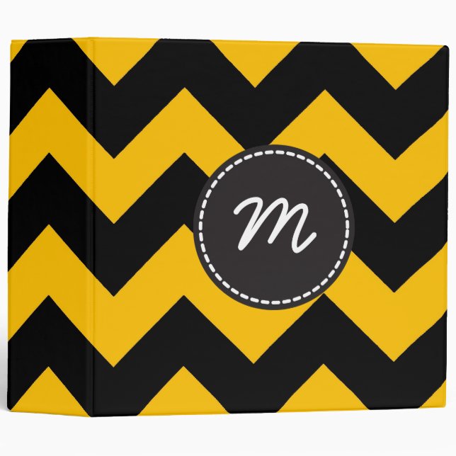 Black Yellow Chevron Pattern Custom Monogram 3 Ring Binder (Front/Spine)
