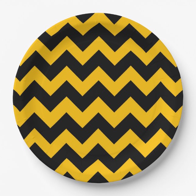 Black Yellow Chevron Zigzag Pattern Paper Plates (Front)