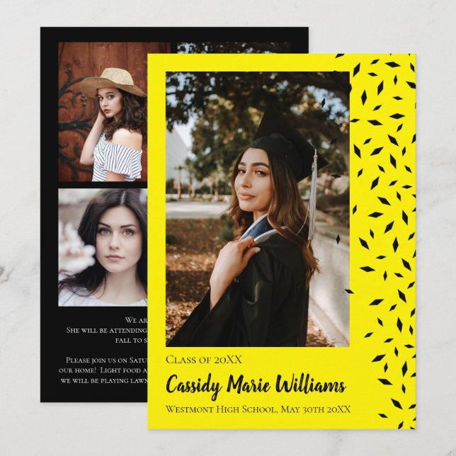 Black Yellow Confetti Graduation Announcement (Front/Back)