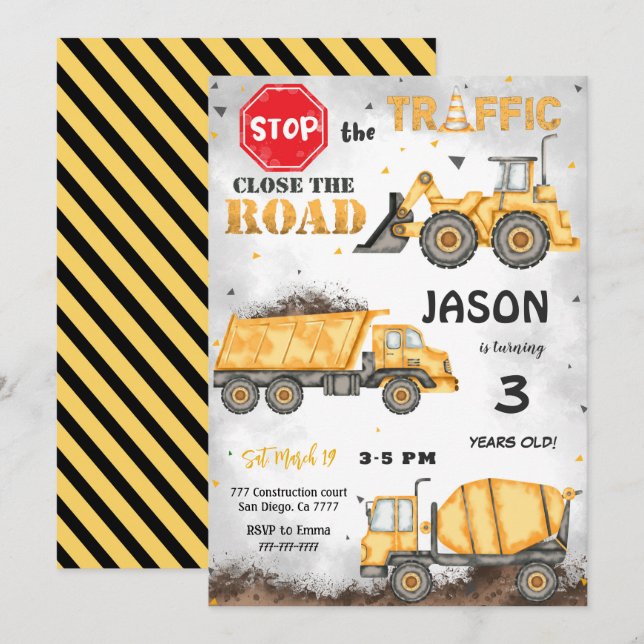 Black & Yellow Construction Birthday Invitation (Front/Back)