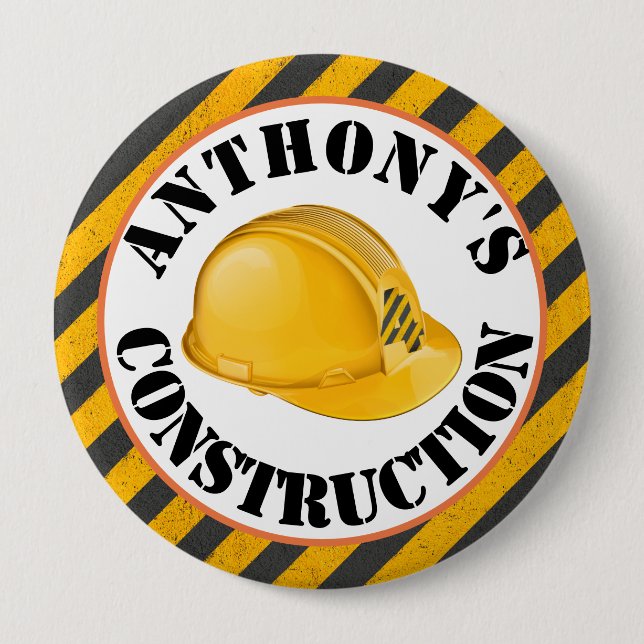 Black & Yellow Construction Hard Hat 4th Birthday Button (Front)