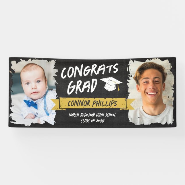 Black Yellow Cool Chalk 2 Photos Congrats Grad Banner (Horizontal)
