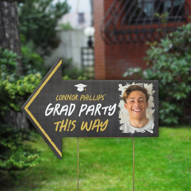 Black Yellow Cool Chalk Photo Grad Party This Way Sign (Creator Uploaded)