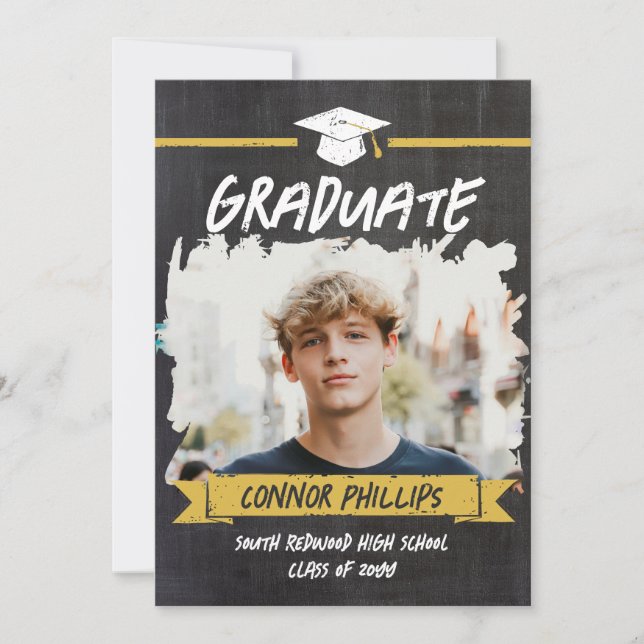 Black Yellow Cool Chalk Photo Graduation Party Invitation (Front)