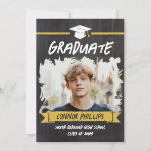 Black Yellow Cool Chalk Photo Graduation Party Invitation