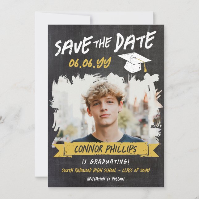 Black Yellow Cool Chalk Photo Graduation Save The Date (Front)