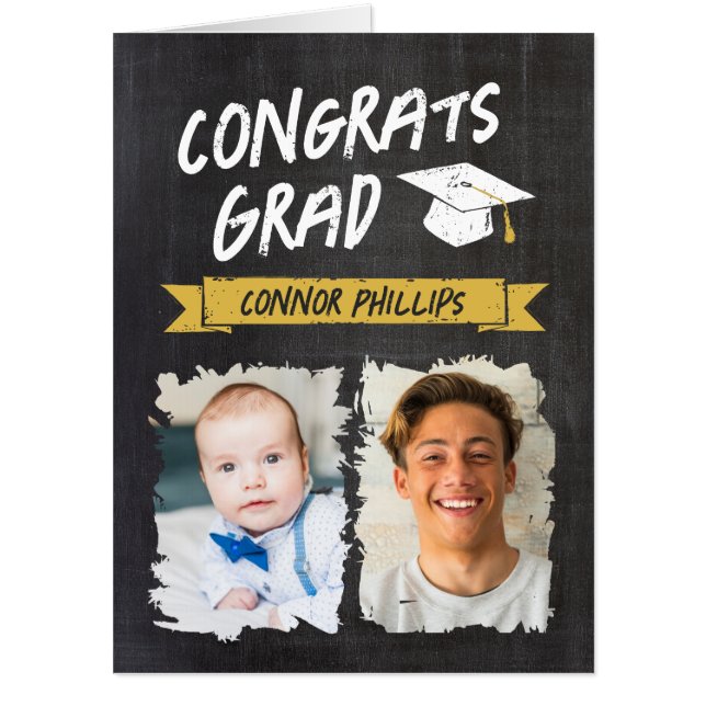 Black Yellow Cool Chalk Photos Congrats Grad Big Card (Front)