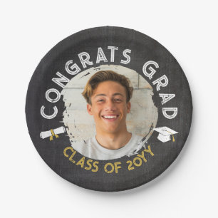 Black Yellow Cool Chalk Photos Congrats Grad Paper Plates