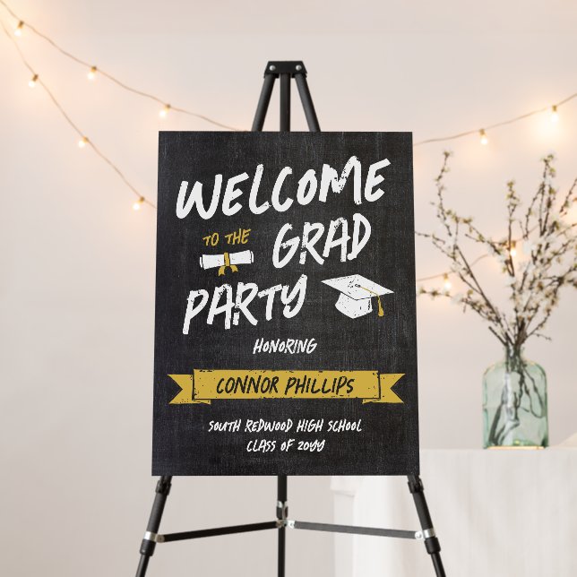 Black Yellow Cool Chalkboard Grad Party Welcome Foam Board (In Situ (Stand))