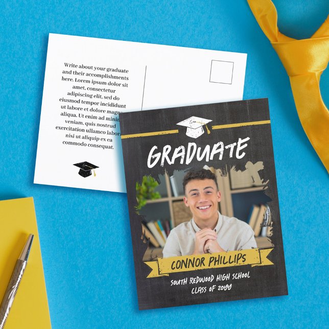Black Yellow Cool Chalkboard Photo Graduation Announcement Postcard (Creator Uploaded)