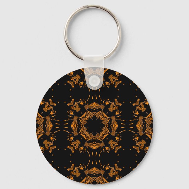 Black, Yellow copper Floral Damasks Retro Pattern Keychain (Front)