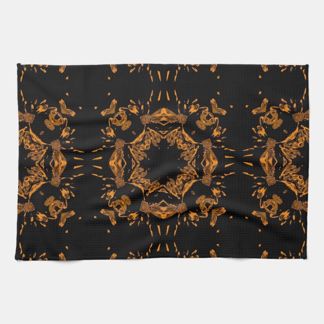 Black, Yellow copper Floral Damasks Retro Pattern Kitchen Towel (Horizontal)