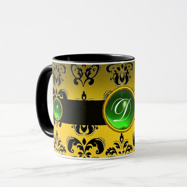 BLACK YELLOW DAMASK EMERALD GREEN GEM MONOGRAM MUG (Front Left)