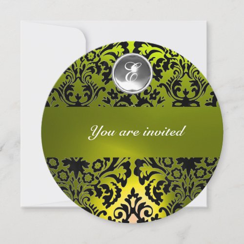 BLACK  YELLOW DAMASK GEM STONE MONOGRAM INVITATION