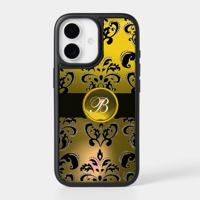 BLACK YELLOW  DAMASK GEMSTONE MONOGRAM iPhone CASE (Back)