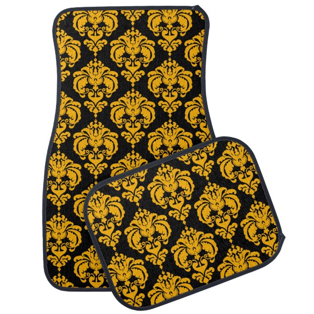 Black & Yellow Damask Modern Trendy Pattern Glam Car Floor Mat (Set)