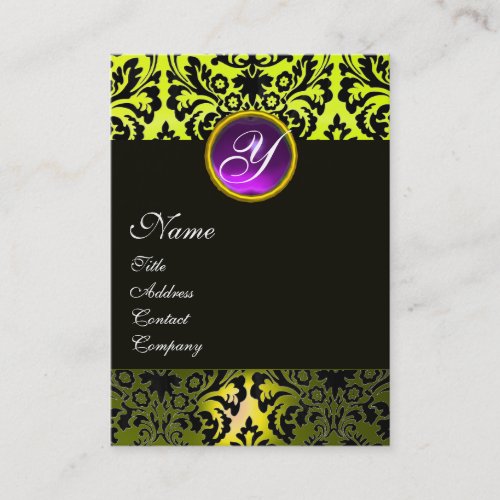 BLACK YELLOW DAMASK PURPLE AMETHYST GEM MONOGRAM BUSINESS CARD