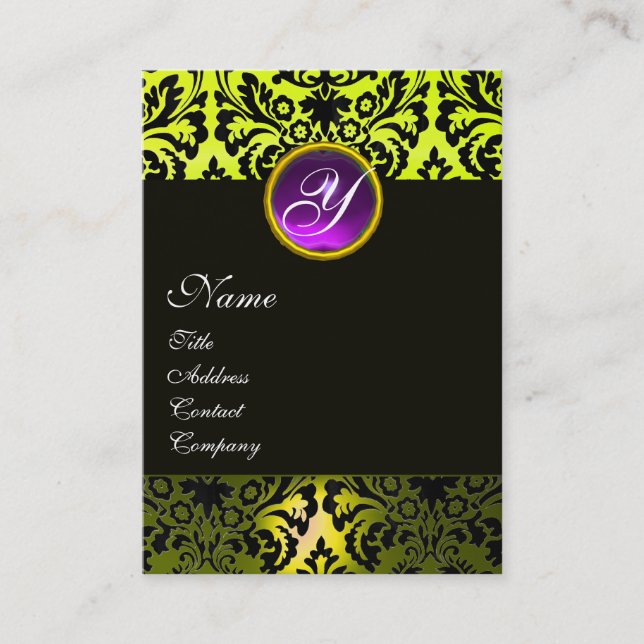 BLACK YELLOW DAMASK PURPLE AMETHYST GEM MONOGRAM BUSINESS CARD (Front)