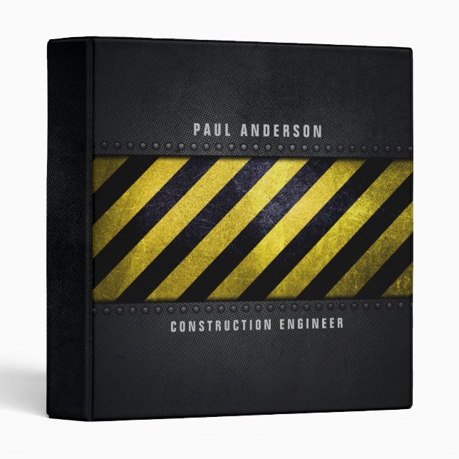 Black Yellow Danger Stripes Construction Engineer 3 Ring Binder (Front/Spine)