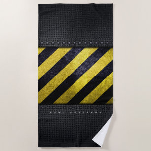 Black Yellow Danger Stripes Construction Engineer Beach Towel