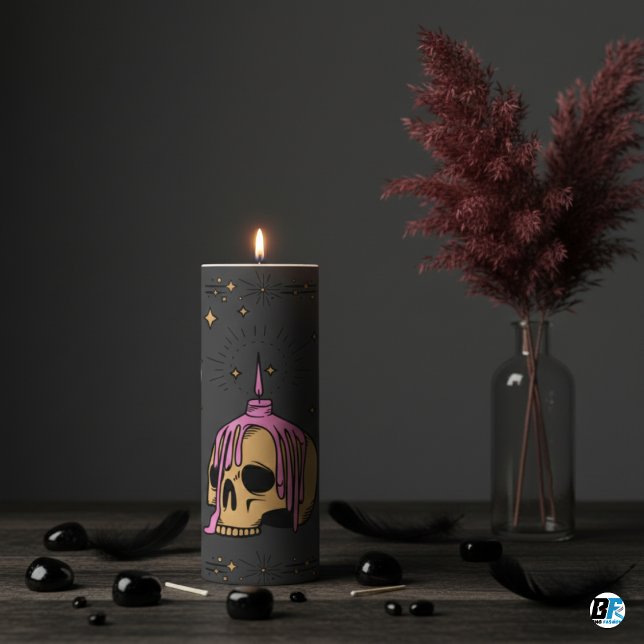 Black & Yellow Edgy Grungy Halloween Skull Pillar Candle (Creator Uploaded)