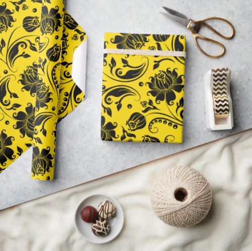 Black  Yellow Elegant Vintage Floral Damasks Wrapping Paper