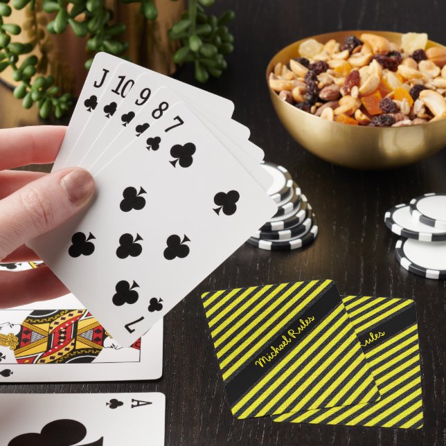 Black Yellow Faux Glitter Diagonal Stripes Name Poker Cards (In Situ)