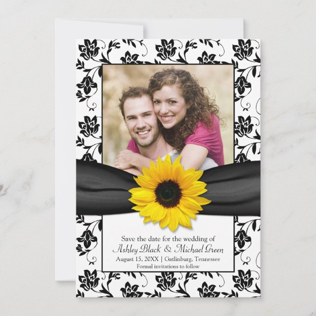 Black Yellow Floral Damask Sunflower Save the Date (Front)