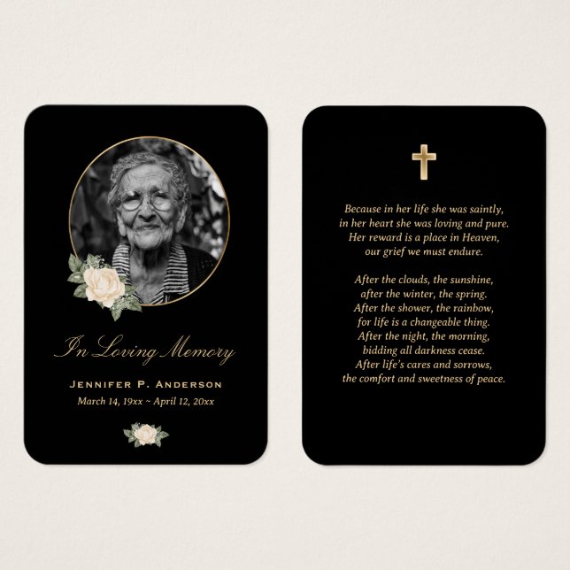 Black Yellow Floral Memorial Funeral Prayer Cards (Front & Back)